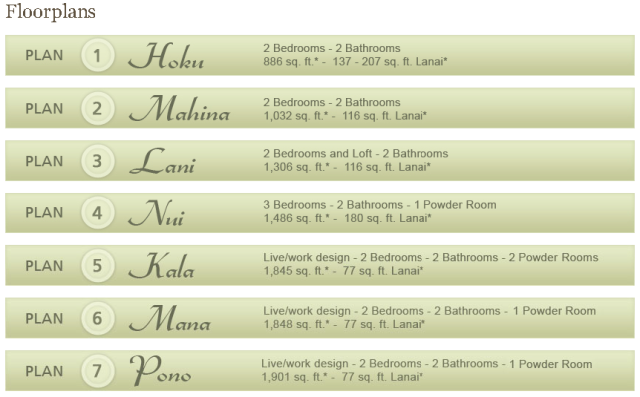 Kai Ani Village floorplan list